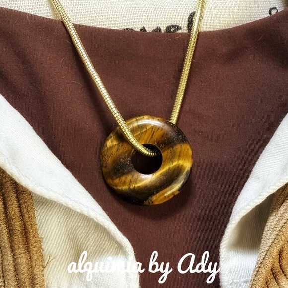 Gold chunky snake chain necklace tigers eye big pendant - Picture 1 of 2